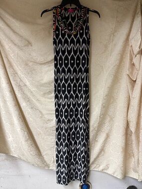Trina Turk Maxi Dress in Black/White with multi color detail around the bodice